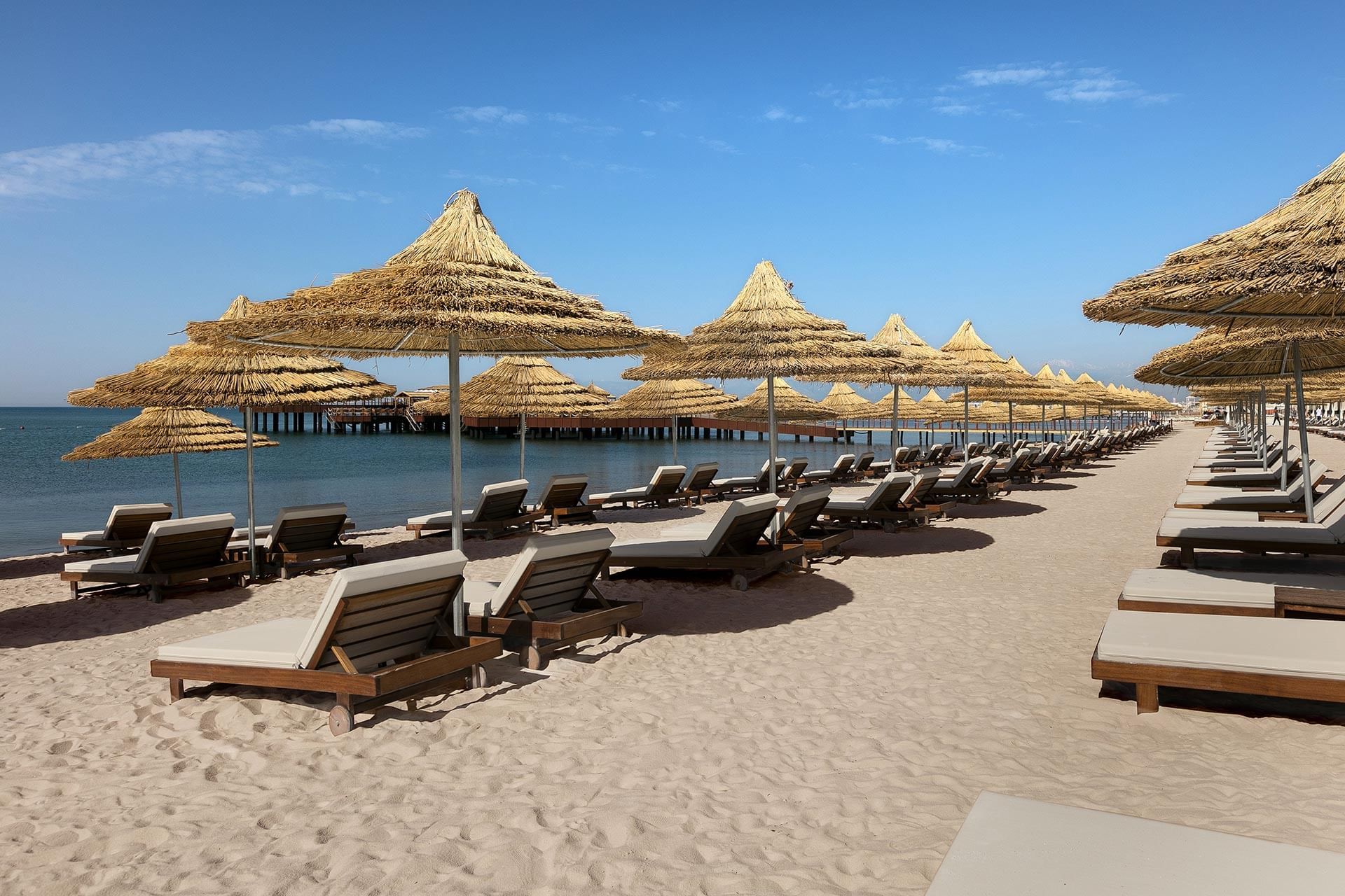 Beach side cabana with the loungers at Titanic Mardan Palace